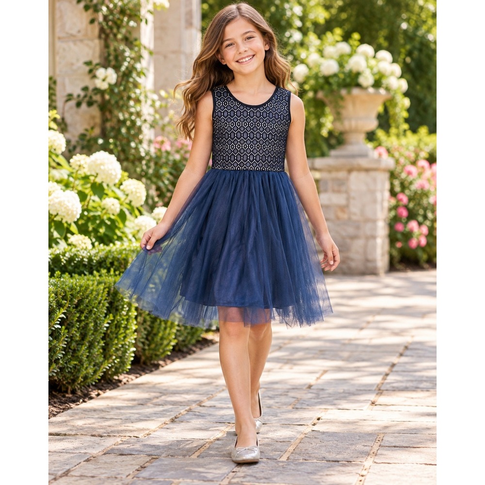 Kiddo by Katie Girls Navy Blue Lace Tulle Sleeveless Party Dress Size 10